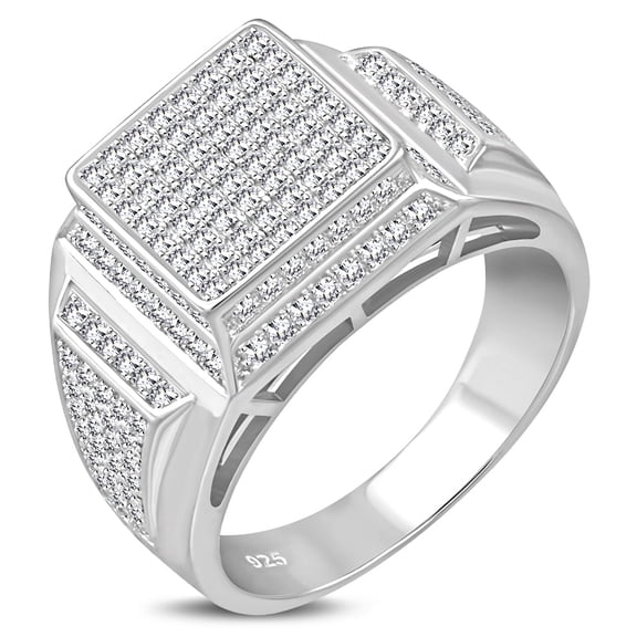 Sterling Silver Men's White CZ Stone Pyramid-Style Signet Ring Size 9