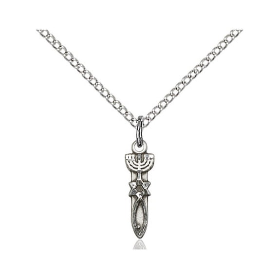 Sterling Silver Menorah / Star / Fish Pendant 1/2 x 1/8 inches with Sterling Silver Lite Curb Chain