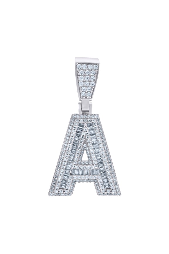 Sterling Silver Mens Baguette Cubic-Zirconia A Alphabet Initials Charm Pendant