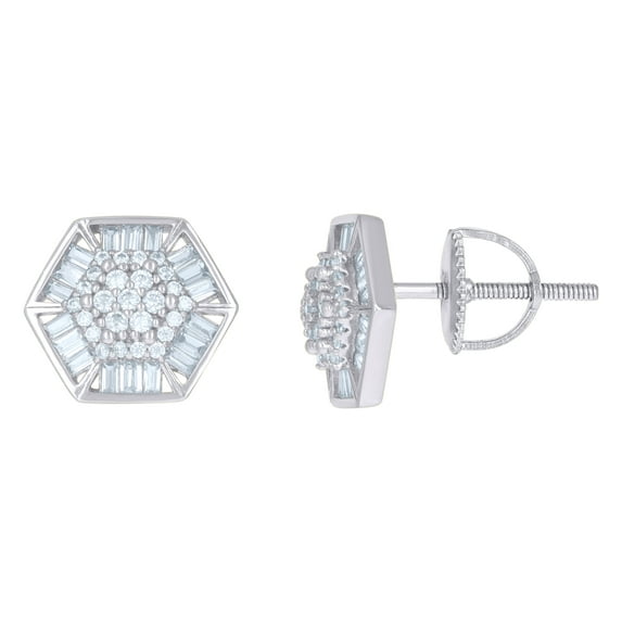 Sterling Silver Mens Baguette Cubic-Zirconia Octagon Fashion Stud Earrings