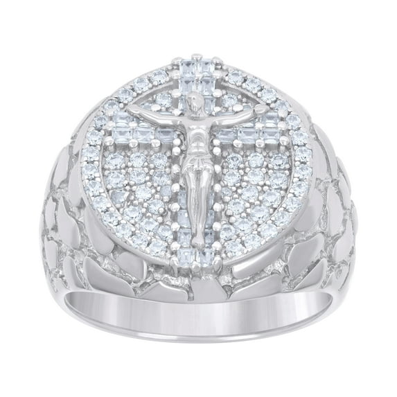 Sterling Silver Mens Baguette Round Cubic-Zirconia Nugget Crucifix Cross Religious Bridal Anniversary Wedding Engagement Band Ring Size 10