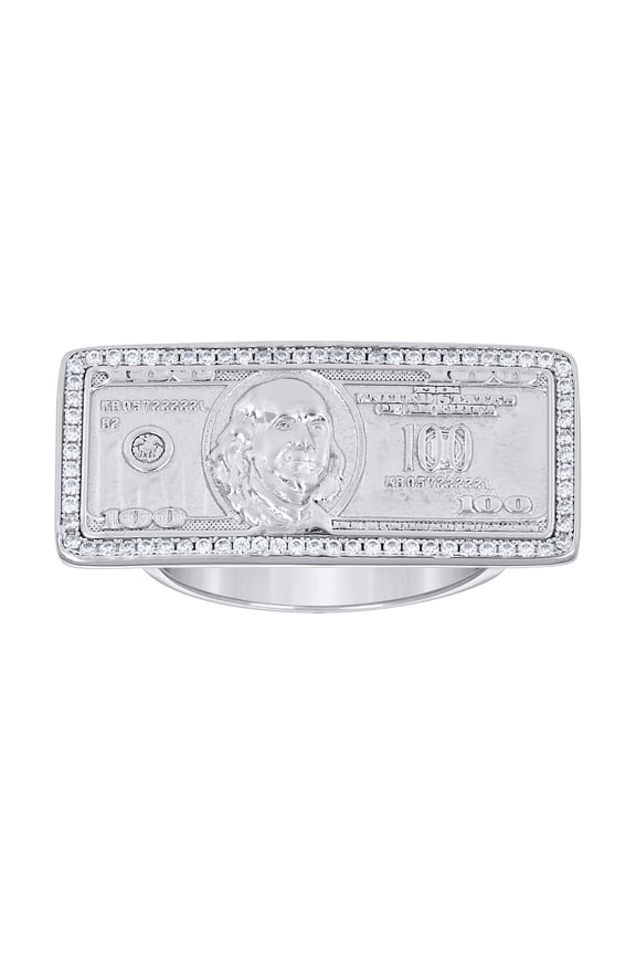 Sterling Silver Mens Cubic-Zirconia 100 Dollar Bill Currency Fashion Bridal Anniversary Wedding Engagement Band Ring Size 10