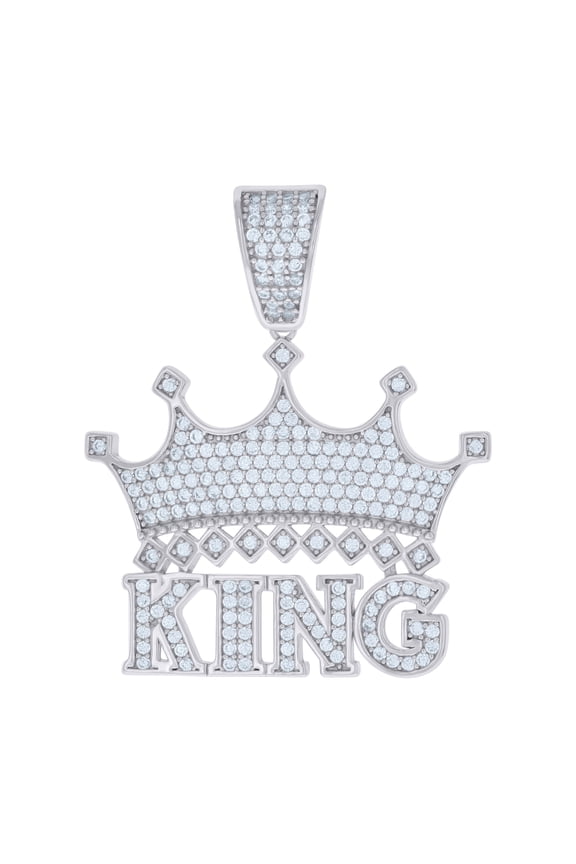Sterling Silver Mens Cubic-Zirconia KING Crown Fashion Charm Pendant