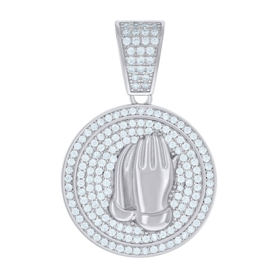 Sterling Silver Mens Cubic-Zirconia Praying Hands Symbol Religious Charm Pendant