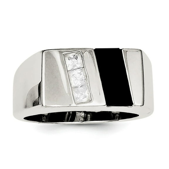 Sterling Silver Mens Cubic Zirconia and Simulated Onyx Ring - Size 10 - Measures 4.35mm Wide