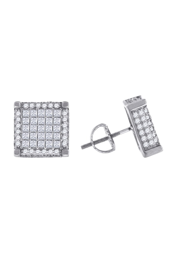 Sterling Silver Mens Princess Cubic Zirconia Square Stud Earrings