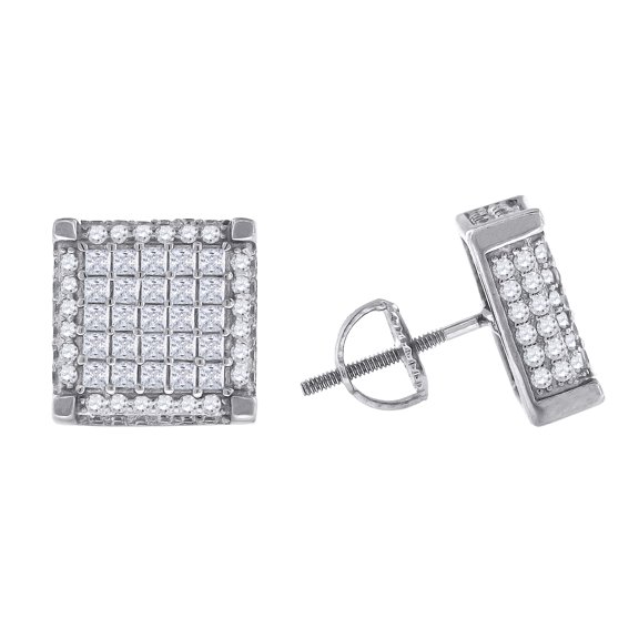 Sterling Silver Mens Princess Cubic Zirconia Square Stud Earrings