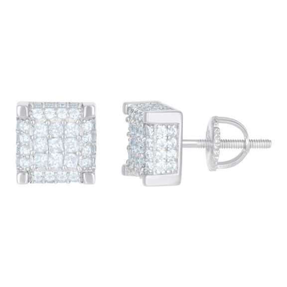 Sterling Silver Mens Princess Cubic Zirconia Square Stud Earrings