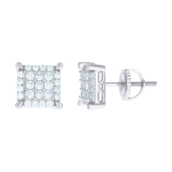 Sterling Silver Mens Princess Cubic Zirconia Square Stud Earrings