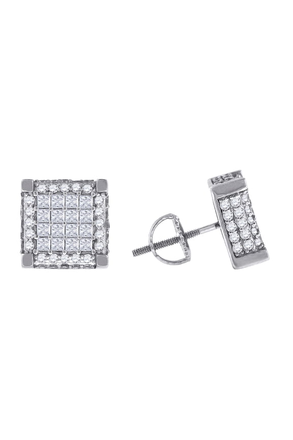 Sterling Silver Mens Princess Cubic Zirconia Square Stud Earrings