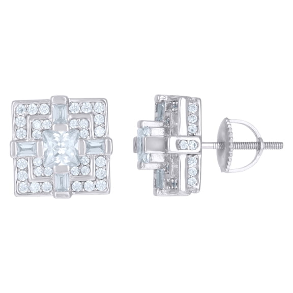 Sterling Silver Mens Princess-Cut Cubic-Zirconia Square Fashion Stud Earrings