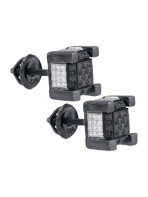 Sterling Silver Mens Round Black Color Enhanced Diamond 3D Cube Square Earrings 1/10 Cttw