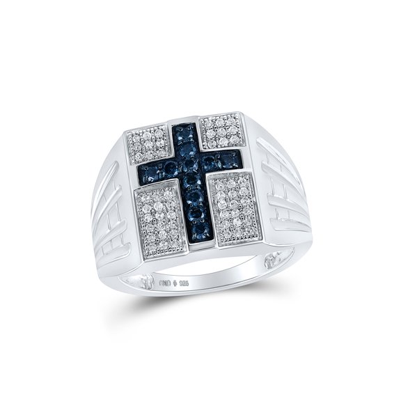 Sterling Silver Mens Round Blue Color Enhanced Diamond Cross Religious Ring 1/2 Cttw