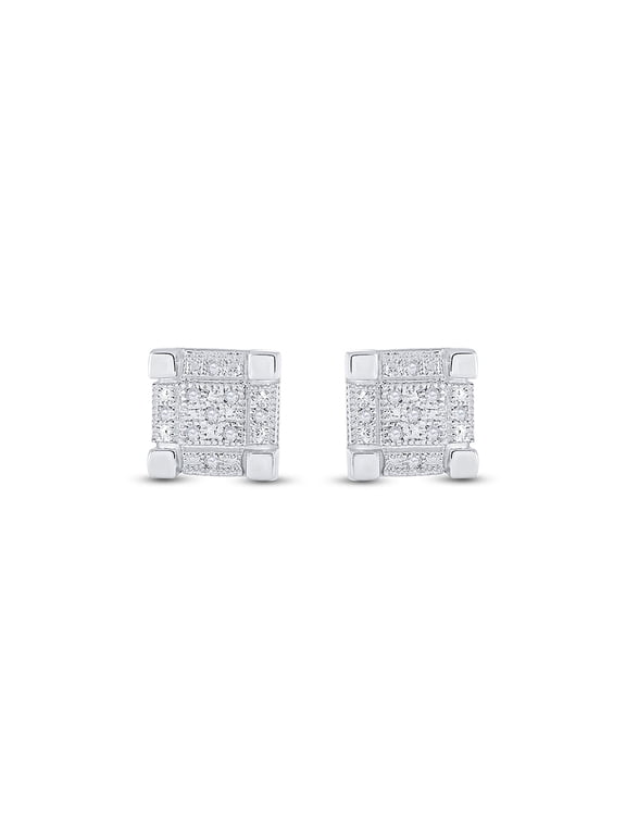 Sterling Silver Mens Round Diamond 3D Cube Square Earrings 1/20 Cttw