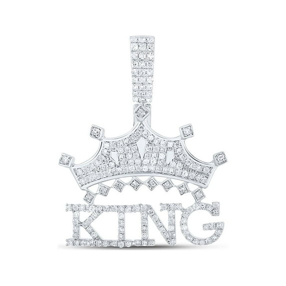 Sterling Silver Mens Round Diamond KING Crown Charm Pendant 7/8 Cttw