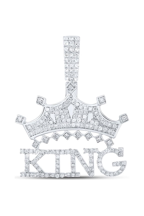 Sterling Silver Mens Round Diamond KING Crown Charm Pendant 7/8 Cttw