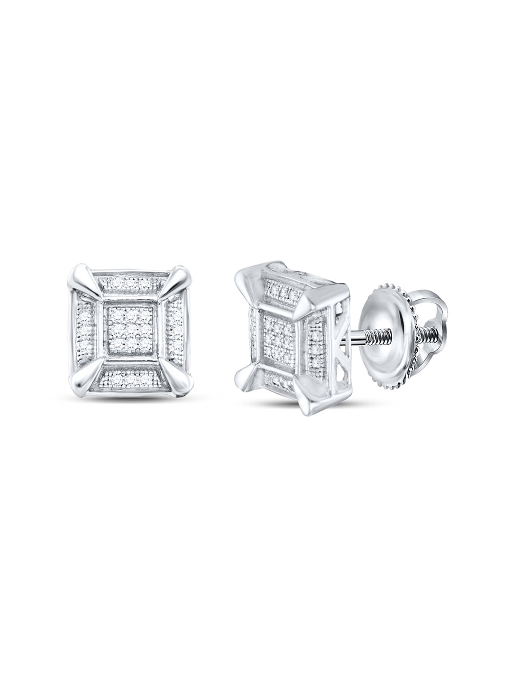 Sterling Silver Mens Round Diamond Square Cluster Stud Earrings 1/8 Cttw