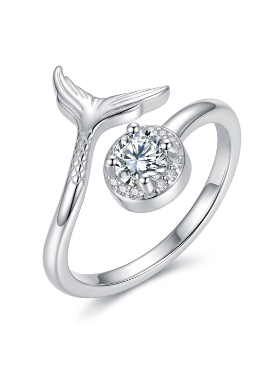 Sterling Silver Mermaid Tail Open Ring with Zircon, Adjustable Open Ring for Women, Daily Birthday Anniversary Jewelry Gift for Women Mother Daughter Niece