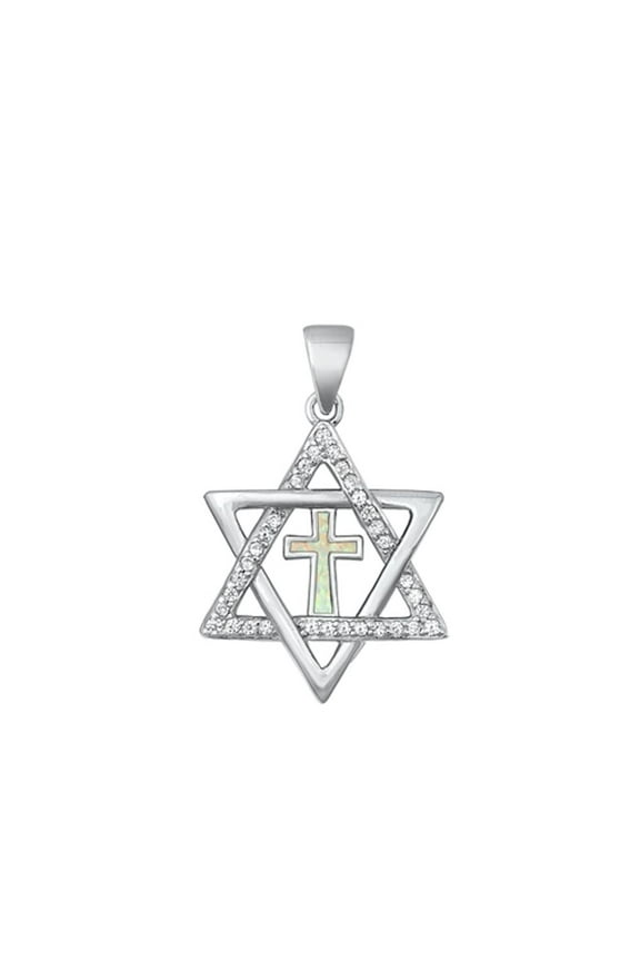 Sterling Silver Messianic Cross White Simulated Opal Clear CZ Pendant Charm Jewelry Female