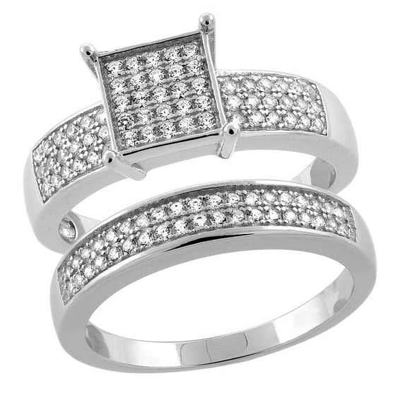 Sterling Silver Micro Pave Cubic Zirconia Square Ladies' Engagement 2-Piece Ring Set, size 8