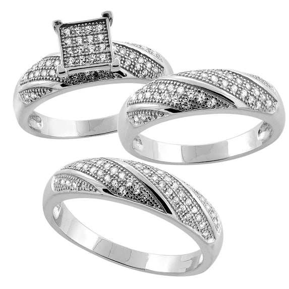 Sterling Silver Micro Pave Cubic Zirconia Trio Wedding Ring Set for 5 mm Him & Hers 5 mm, Ladies' size 8.5