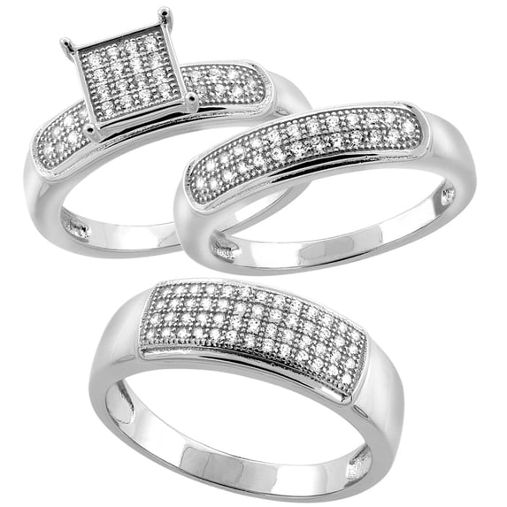 Sterling Silver Micro Pave Cubic Zirconia Trio Wedding Ring Set for 7 mm Him & Hers 6 mm, Ladies' Size 6.5
