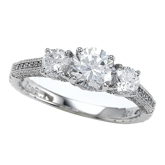 Sterling Silver Micro Pave Hand Set Cubic Zirconia CZ 3 Stone Engagement Ring