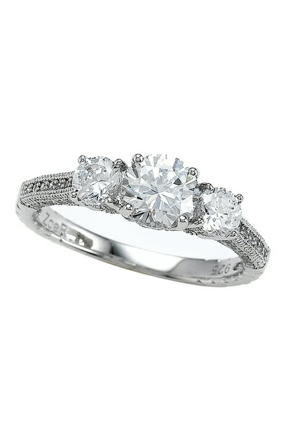Sterling Silver Micro Pave Hand Set Cubic Zirconia CZ 3 Stone Engagement Ring