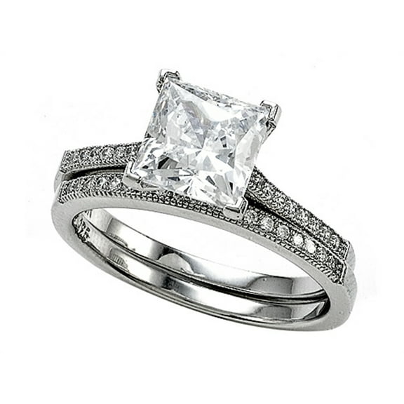 Sterling Silver Micro Pave Hand Set Cubic Zirconia CZ Princess Cut Center Wedding Set