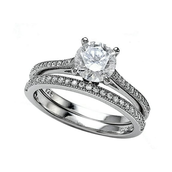 Sterling Silver Micro Pave Hand Set Cubic Zirconia CZ Wedding Set