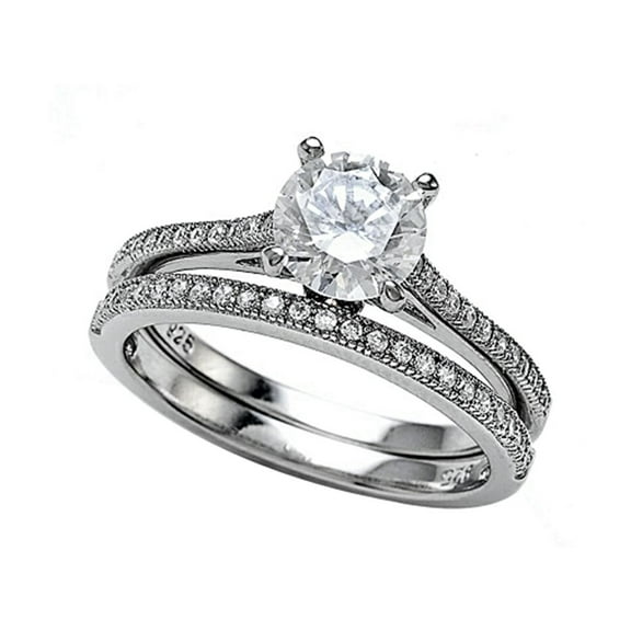 Sterling Silver Micro Pave Hand Set Cubic Zirconia CZ Wedding Set