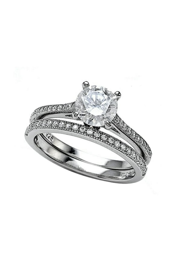 Sterling Silver Micro Pave Hand Set Cubic Zirconia CZ Wedding Set