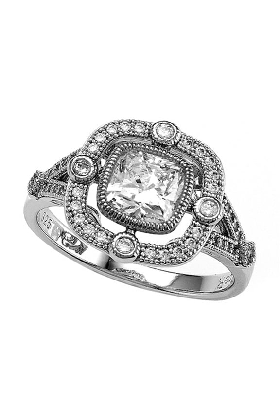 Sterling Silver Micro Pave Hand Set Cushion Cut Cubic Zirconia CZ Engagement Ring