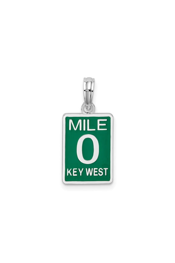 Sterling Silver Mile 0 Key West Pendant, Green Enamel US Route 1 Road Sign Necklace, Travel Adventure Jewelry for Women and Men, Florida Coastal Beach Lifestyle Accessory