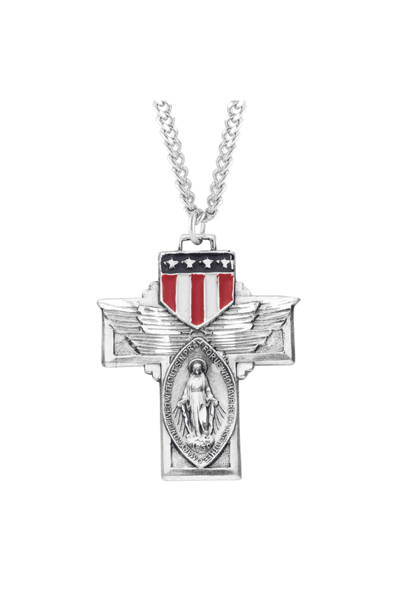 Sterling Silver Military Winged Miraculous Medal Cross with Red, White & Blue Enamel, 24" Endless Rhodium Plated Stainless Steel Chain, Made in USA - Deluxe Velvet Gift Box