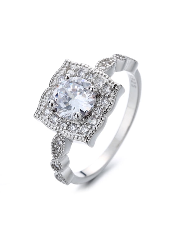 Sterling Silver Milligrain Detail Ring with Brilliant Cut Simulated Diamond