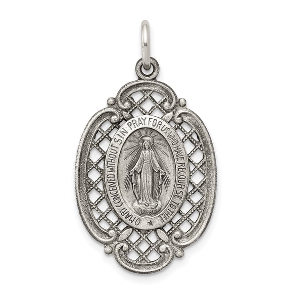 Sterling Silver Miraculous Medal Pendant Necklace for Women with Virgin Mary Inscription, Openwork Design, Catholic Religious Devotional Christian Jewelry Symbolizing Faith and Protection