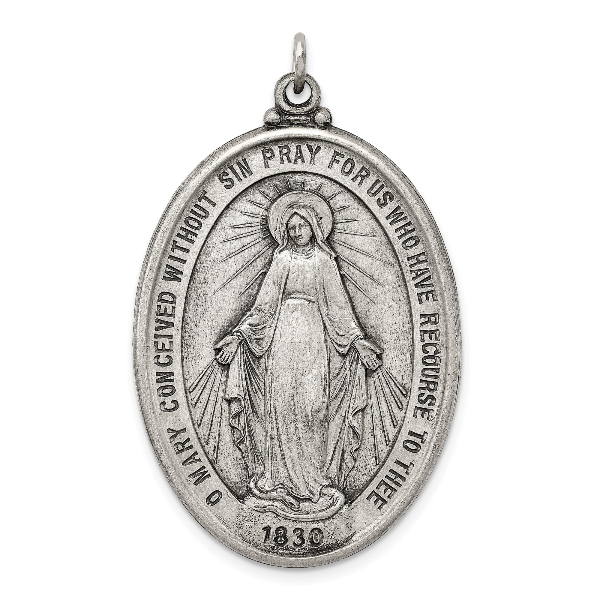 Sterling Silver Miraculous Medal Pendant with Virgin Mary Inscription ...