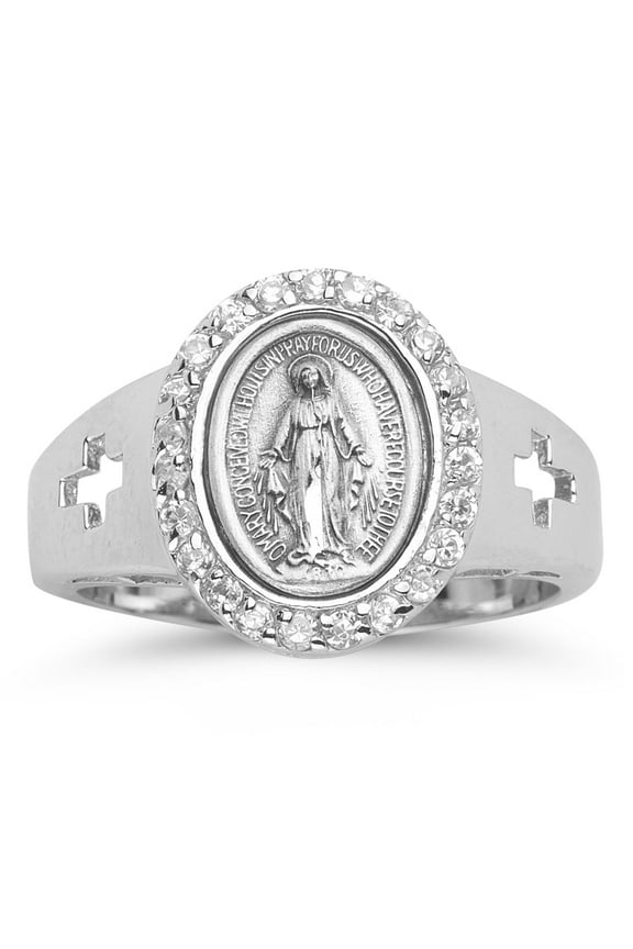 Sterling Silver Miraculous Medal Ring with Crystal Cubic Zircon, Size 9