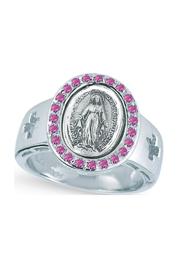 Sterling Silver Miraculous Medal Ring with Pink Cubic Zircon, Size 7