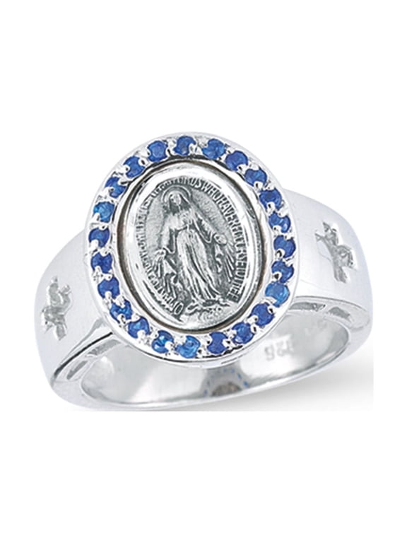 Sterling Silver Miraculous Medal Ring with Sapphire Cubic Zircon, Size 5
