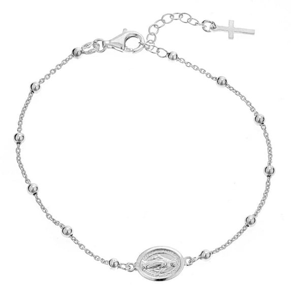 Sterling Silver 10" Rosary Anklet with Miraculous Medal and Sideways Cross Beads, Gift-Boxed Jewelry for Women
