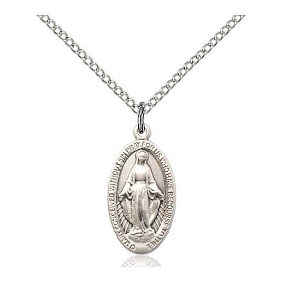 Sterling Silver Miraculous Pendant 3/4 x 3/8 inches with 18 inch Sterling Silver Curb Chain