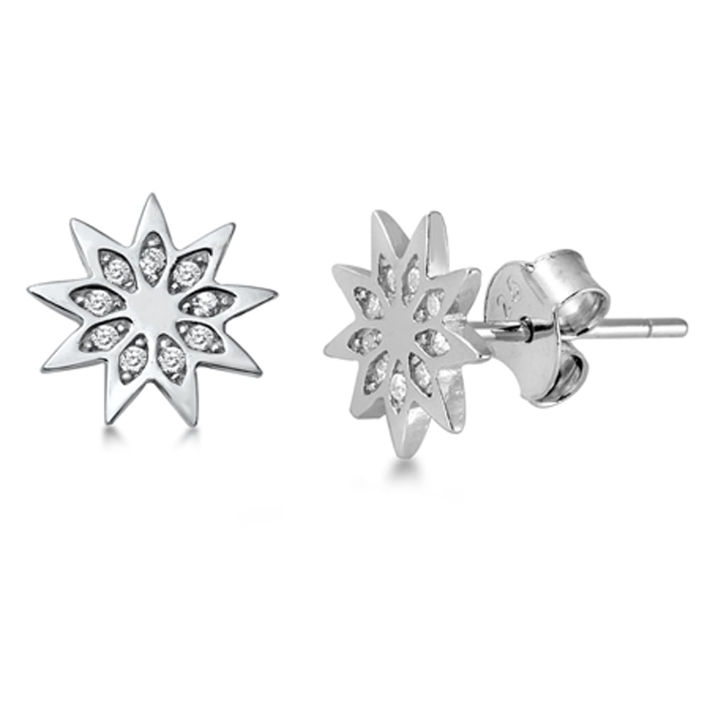 Sterling Silver Modern Snowflake Star Burst Mandala Earrings Clear CZ 925 New Jewelry Female