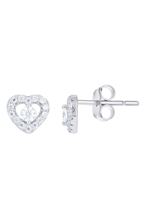Sterling Silver Moissanite Women's Solitaire in Heart Frame Stud Earrings 1/3 CT