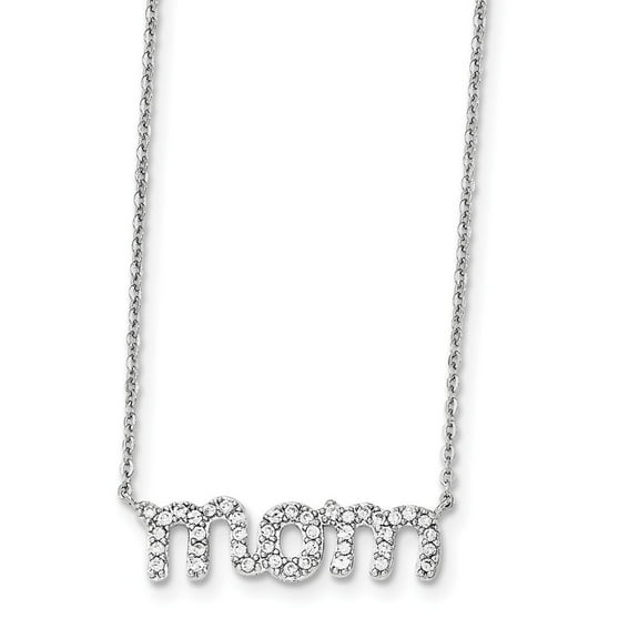 Sterling Silver Mom With Cubic Zirconia Necklace - 18 Inch - Measures 31mm Wide