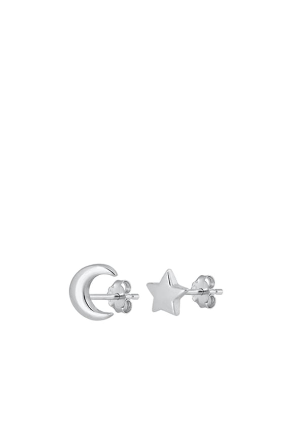 Sterling Silver Moon And Star Mismatch Stud High Polished Earrings 925 New Jewelry Female Unisex