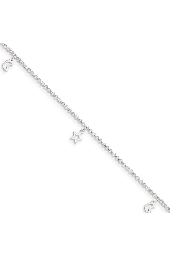 Sterling Silver Moon and Stars 9 inch Plus 1 inch Extender - Total 10 inch Anklet