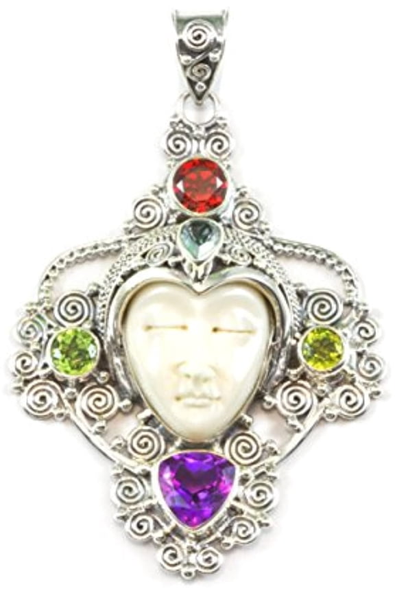 Sterling Silver Moon Face Goddess Necklace Pendant Simulated Amethyst Peridot Filigree Large