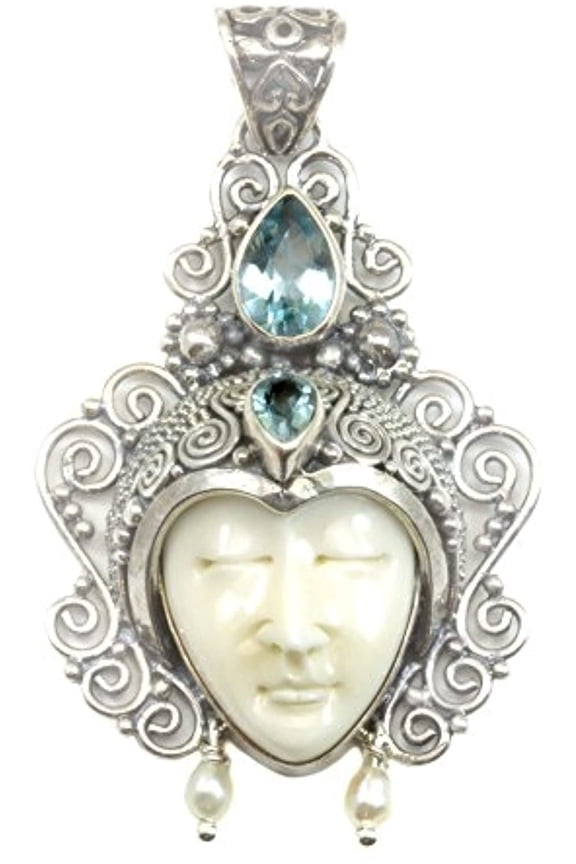 Sterling Silver Moon Face Goddess Necklace Pendant Simulated Blue Topaz Freshwater Cultured Pearls Designed for Adult Women